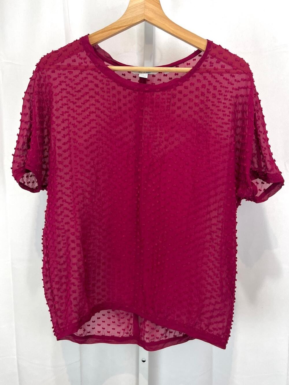 BODEN Sheer Silk Textured Swiss Dot Top Short Sleeve Blouse Dark Pink UK 8 US 4